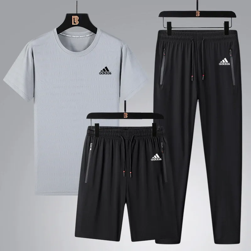 『L-5XL』ストレート裾 ゴム編み裾  目立つ 気質満点 クール接触冷感 アイスシルク半袖 ショーツ ロングパンツ 3点セット