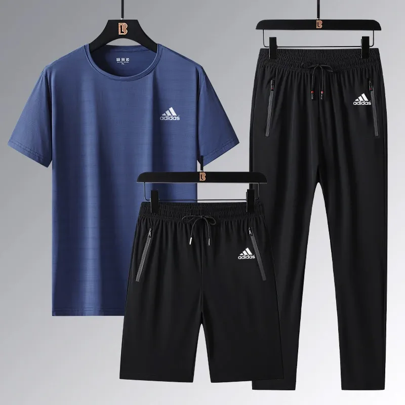 『L-5XL』ストレート裾 ゴム編み裾  目立つ 気質満点 クール接触冷感 アイスシルク半袖 ショーツ ロングパンツ 3点セット