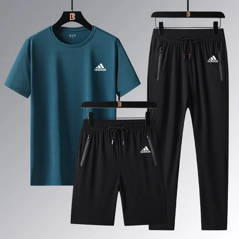 『L-5XL』ストレート裾 ゴム編み裾  目立つ 気質満点 クール接触冷感 アイスシルク半袖 ショーツ ロングパンツ 3点セット