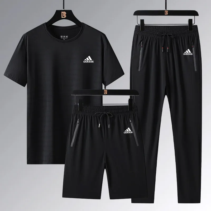 『L-5XL』ストレート裾 ゴム編み裾  目立つ 気質満点 クール接触冷感 アイスシルク半袖 ショーツ ロングパンツ 3点セット