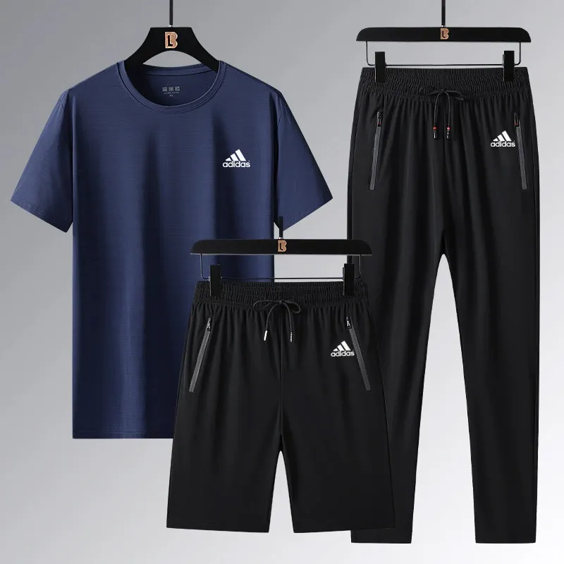 『L-5XL』ストレート裾 ゴム編み裾  目立つ 気質満点 クール接触冷感 アイスシルク半袖 ショーツ ロングパンツ 3点セット