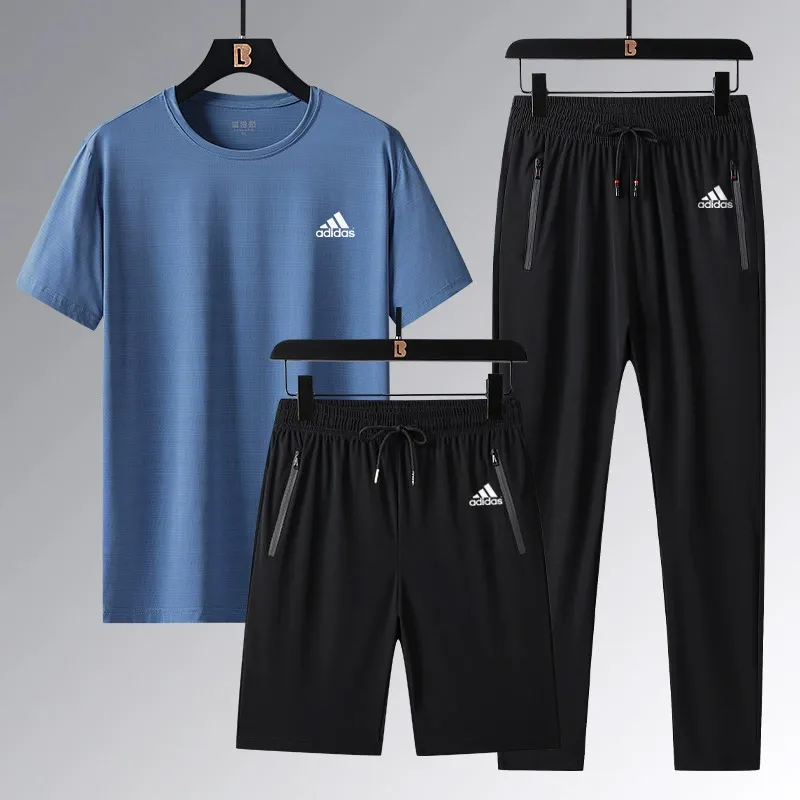 『L-5XL』ストレート裾 ゴム編み裾  目立つ 気質満点 クール接触冷感 アイスシルク半袖 ショーツ ロングパンツ 3点セット