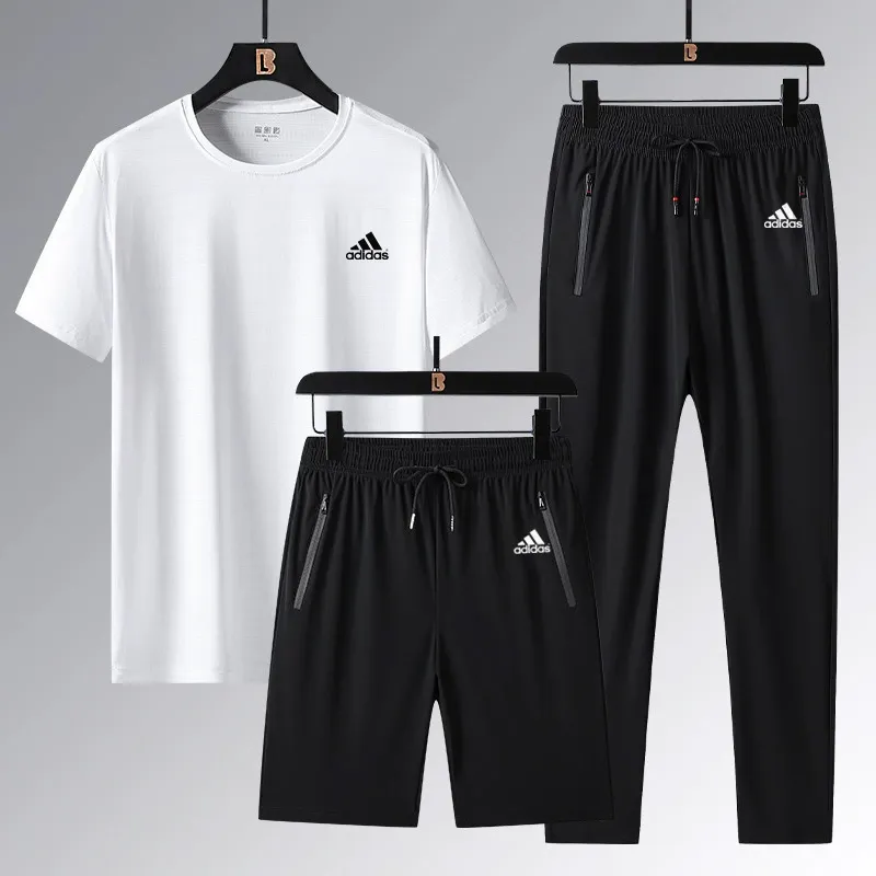 『L-5XL』ストレート裾 ゴム編み裾  目立つ 気質満点 クール接触冷感 アイスシルク半袖 ショーツ ロングパンツ 3点セット