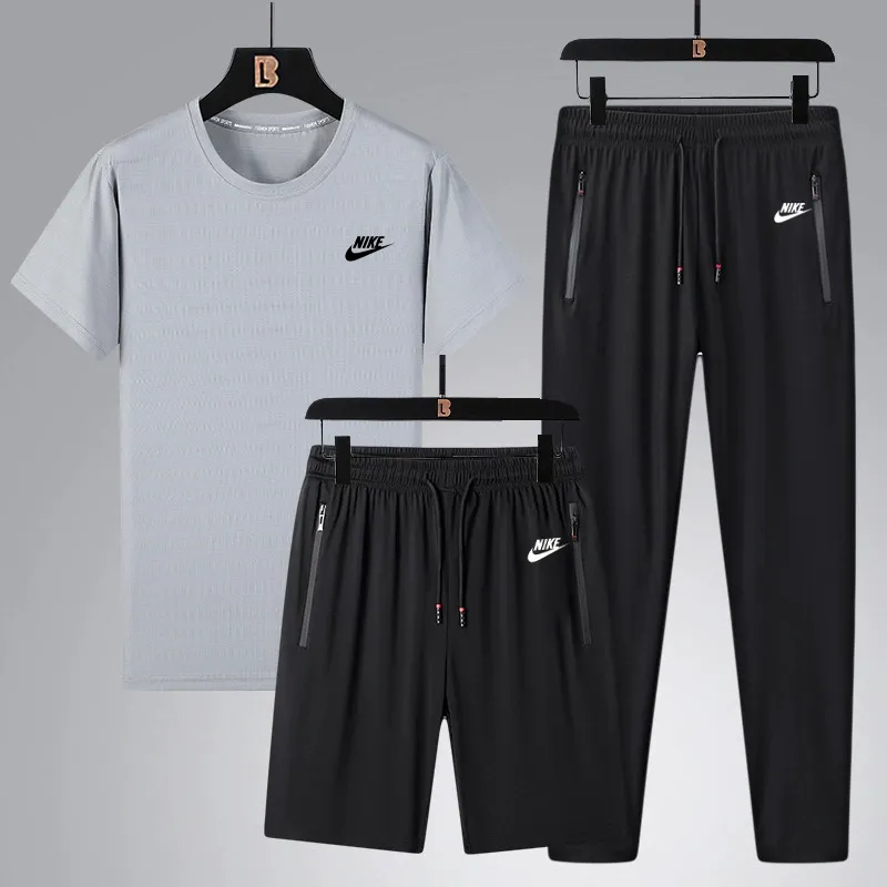 『L-5XL』ストレート裾 ゴム編み裾 4ウェイストレッチ クール接触冷感 アイスシルク半袖 ショーツ ロングパンツ 3点セット