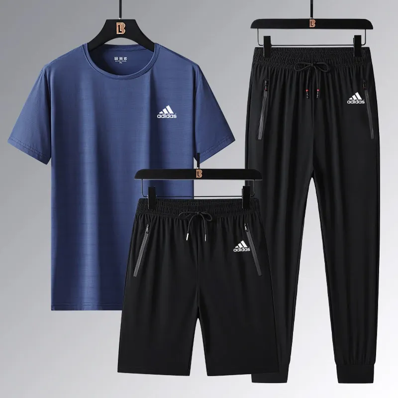 『L-5XL』ストレート裾 ゴム編み裾  目立つ 気質満点 クール接触冷感 アイスシルク半袖 ショーツ ロングパンツ 3点セット
