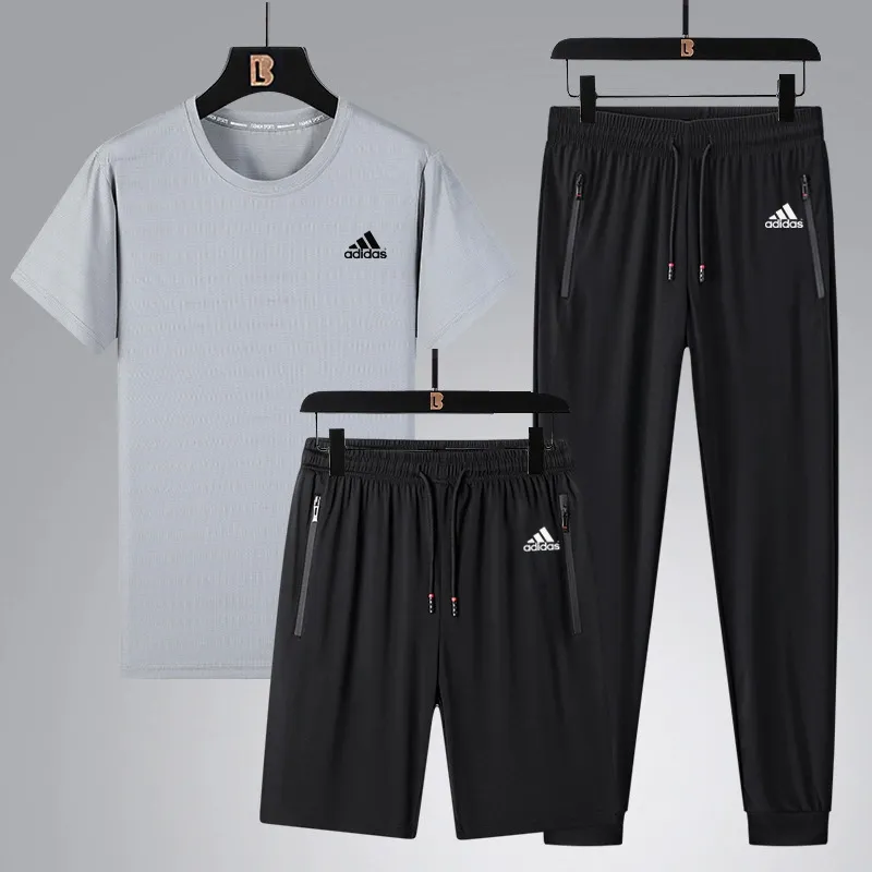 『L-5XL』ストレート裾 ゴム編み裾  目立つ 気質満点 クール接触冷感 アイスシルク半袖 ショーツ ロングパンツ 3点セット