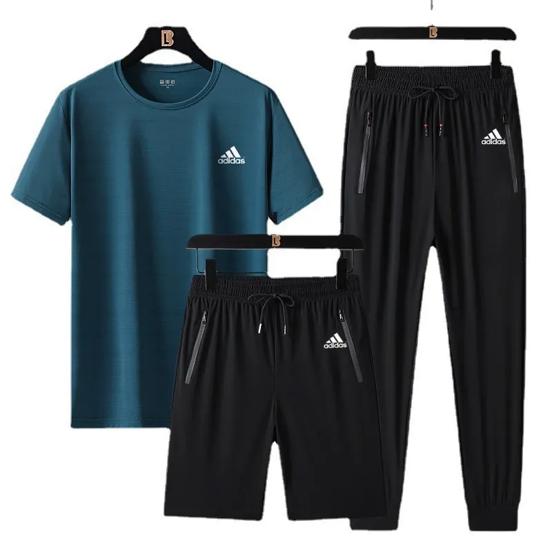 『L-5XL』ストレート裾 ゴム編み裾  目立つ 気質満点 クール接触冷感 アイスシルク半袖 ショーツ ロングパンツ 3点セット