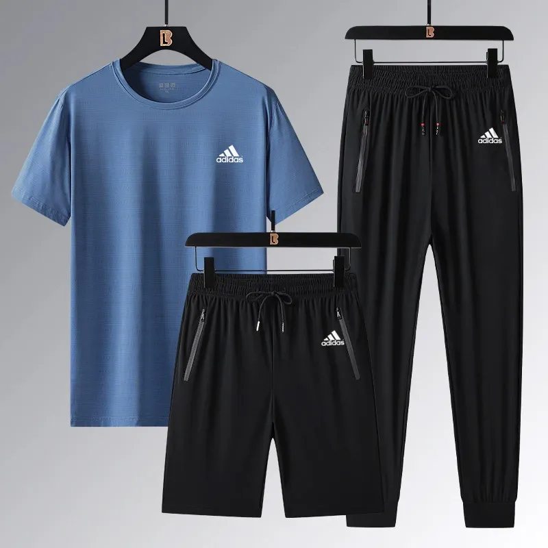 『L-5XL』ストレート裾 ゴム編み裾  目立つ 気質満点 クール接触冷感 アイスシルク半袖 ショーツ ロングパンツ 3点セット