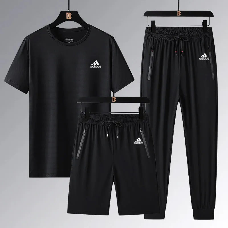『L-5XL』ストレート裾 ゴム編み裾  目立つ 気質満点 クール接触冷感 アイスシルク半袖 ショーツ ロングパンツ 3点セット