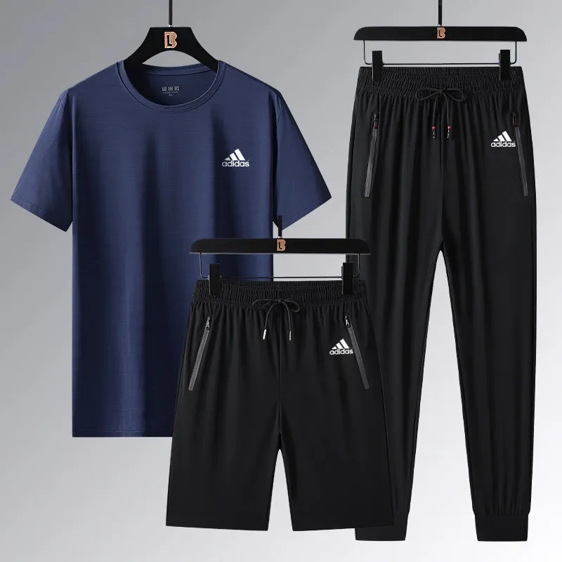『L-5XL』ストレート裾 ゴム編み裾  目立つ 気質満点 クール接触冷感 アイスシルク半袖 ショーツ ロングパンツ 3点セット