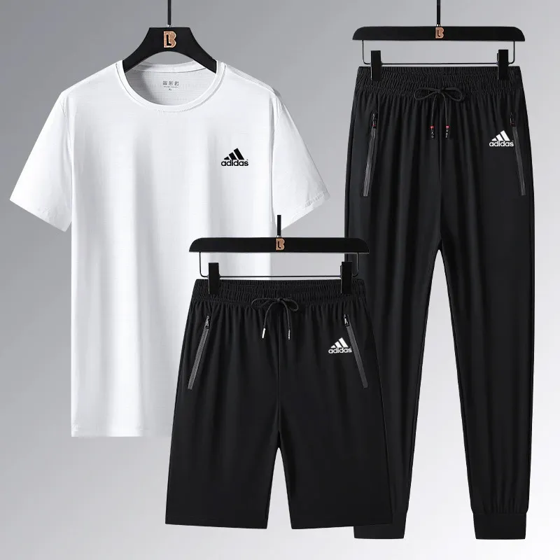 『L-5XL』ストレート裾 ゴム編み裾  目立つ 気質満点 クール接触冷感 アイスシルク半袖 ショーツ ロングパンツ 3点セット