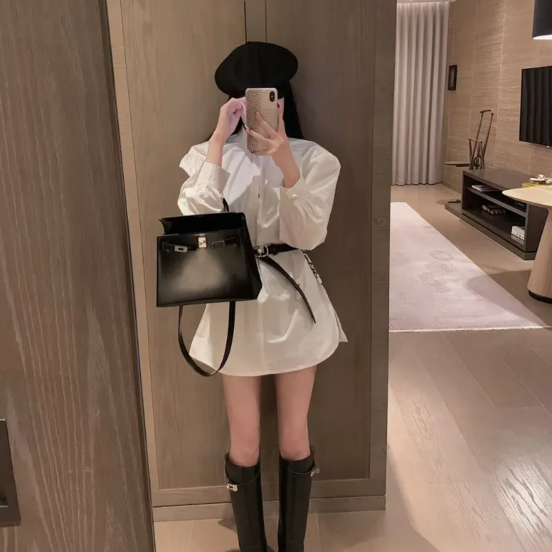 『S-L』NO.1人気 元気いっぱい セレブリティ ベルト付き シャツ ワンピース