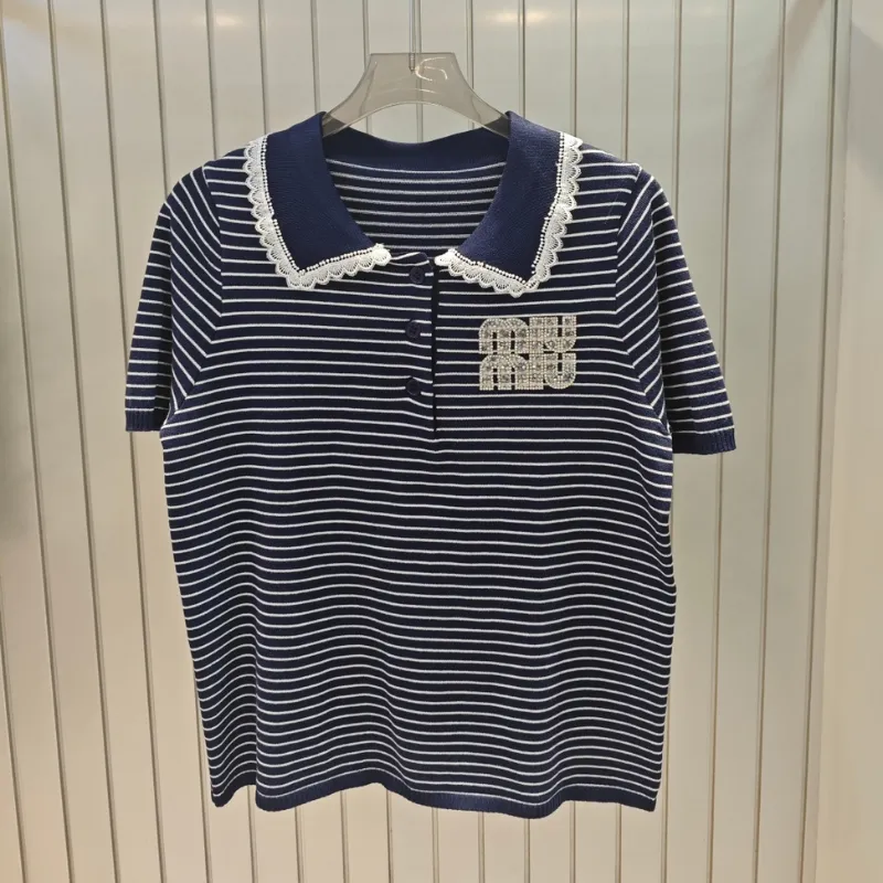 『フリーサイズ』売れ切れ必至 絶対流行 上品 スウィート 折り襟 ボーダー柄 Ｔシャツ