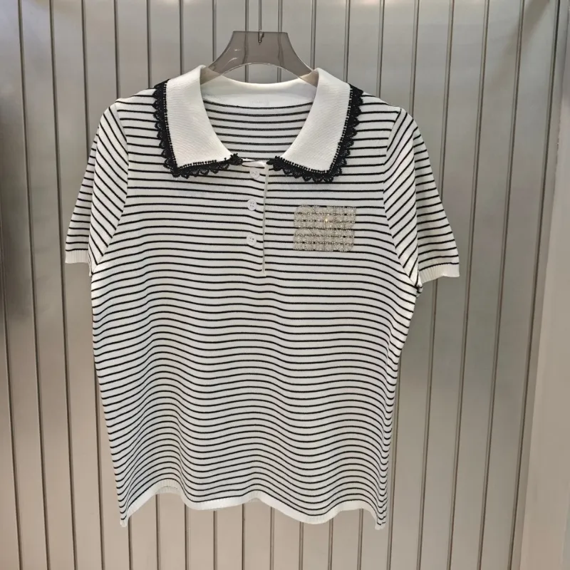 『フリーサイズ』売れ切れ必至 絶対流行 上品 スウィート 折り襟 ボーダー柄 Ｔシャツ