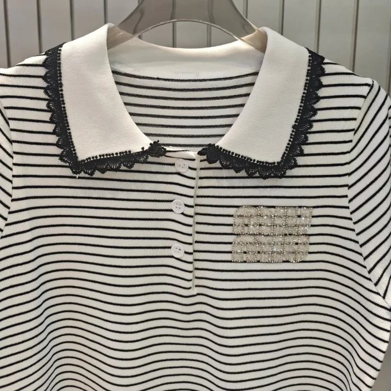 『フリーサイズ』売れ切れ必至 絶対流行 上品 スウィート 折り襟 ボーダー柄 Ｔシャツ