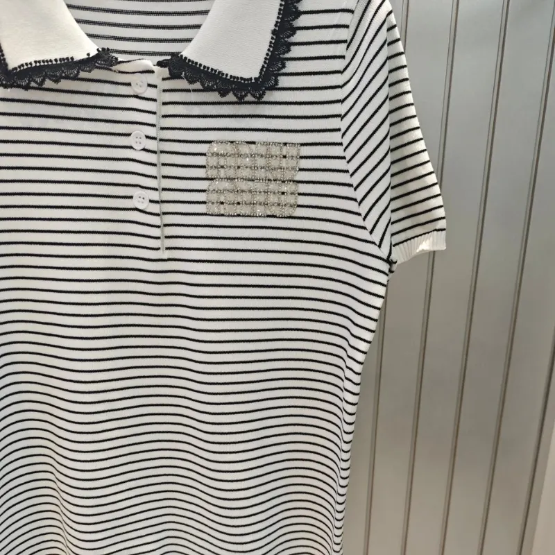 『フリーサイズ』売れ切れ必至 絶対流行 上品 スウィート 折り襟 ボーダー柄 Ｔシャツ